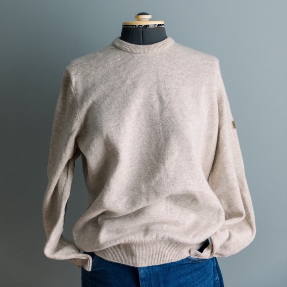 Hawick 100% Lambswool Sweater - Cream with Houndstooth Elbow Patches - Size M - Picture 1 of 12